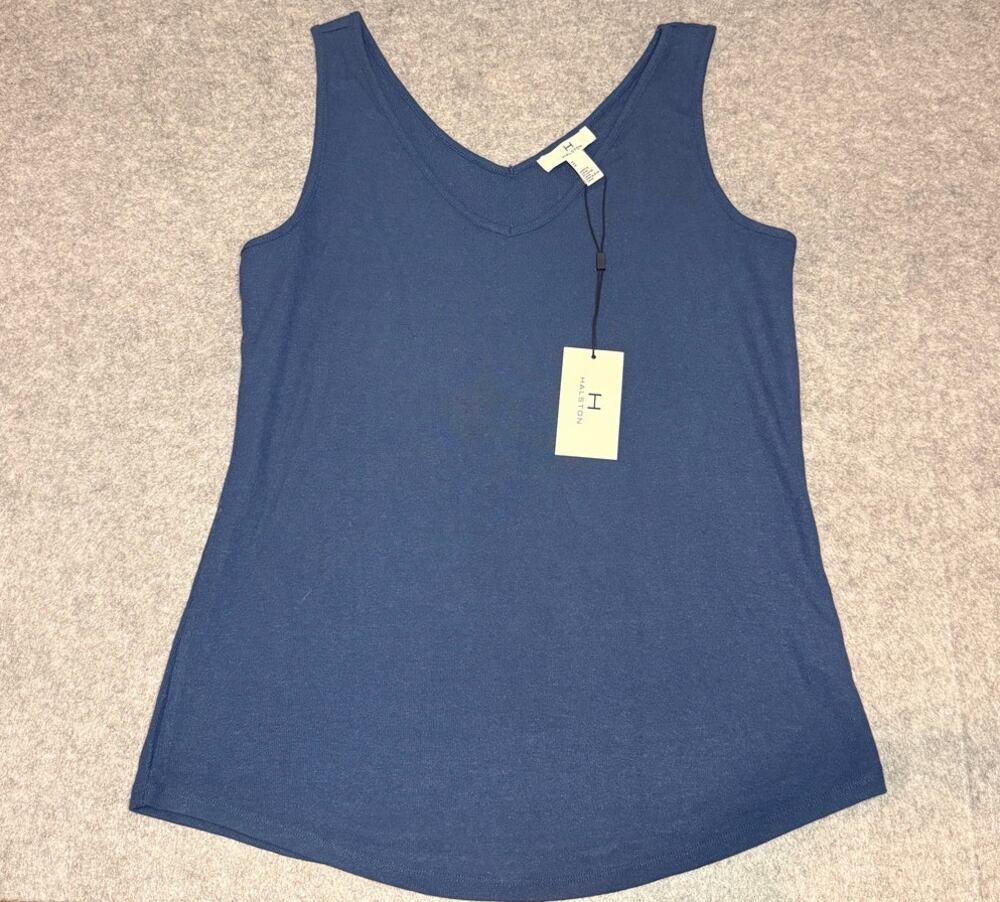 H Halston Tank Top Womens M Blue V Neck Sleeveless Tunic Stretch NWT